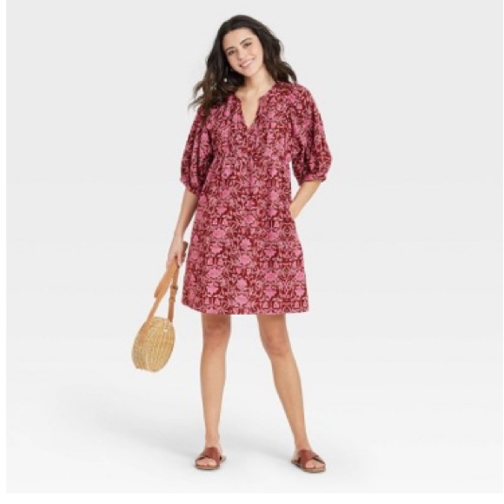 Women’s Floral Print Elbow Sleeve Babydoll Dress - XL